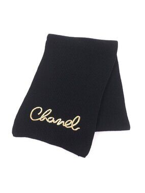 Chanel Cashmere Writing Logo Embroidery Sequin Knit Scarf Shawl Black